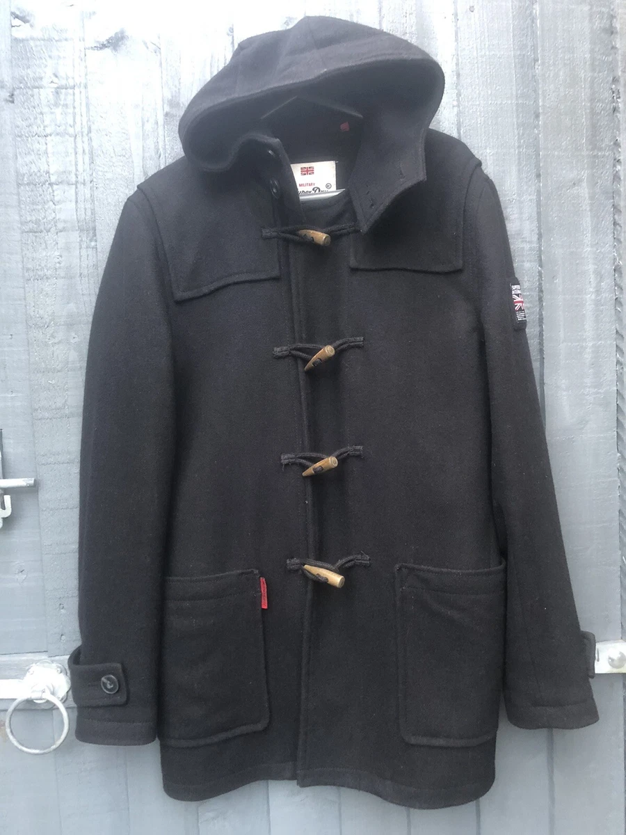 Superdry Black Duffle Coat The Rookie Military Range Wool Mix Hooded Medium