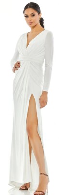 Mac Duggal V-NECK LONG SLEEVE HIGH SLIT GOWN NWT size 12 White (26554)