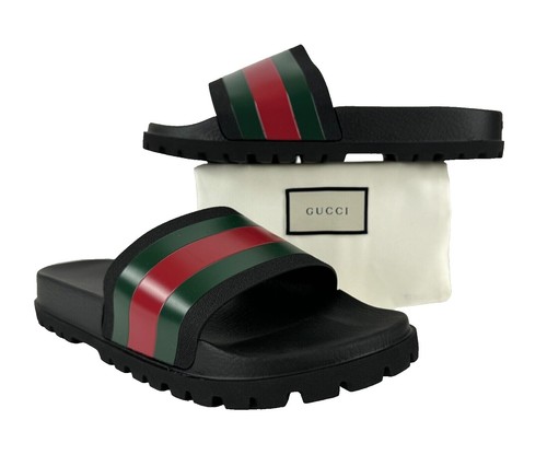 Auth GUCCI Men's Striped Strap Sandals Black EU42 US8.5 UK8