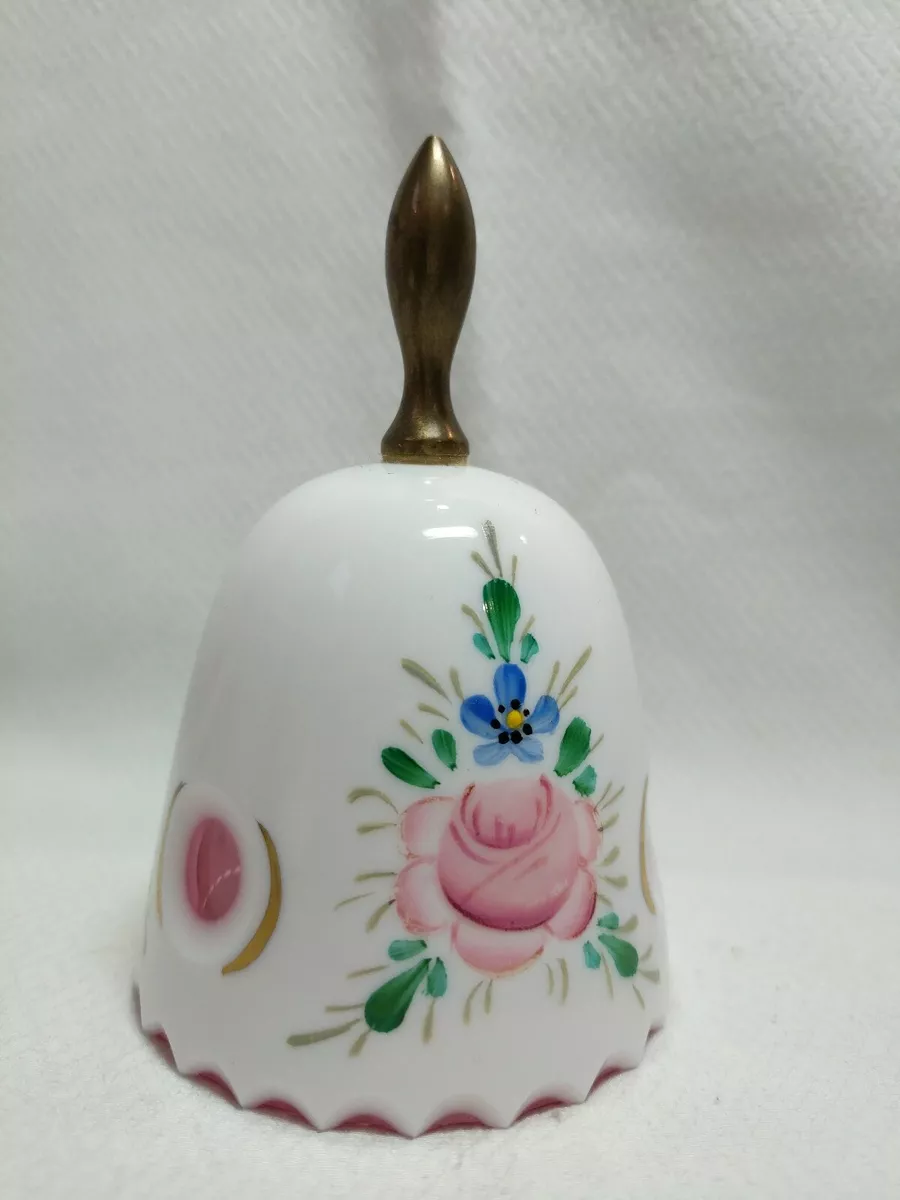 Hand Bell China with Brass Handle Pink Inside Cutouts Hand Painted