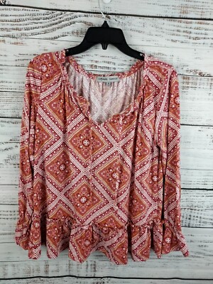Absolutely Famous Womens Medium Peplum Ruffle Top Mixed Print Tie Keyhole Neck
