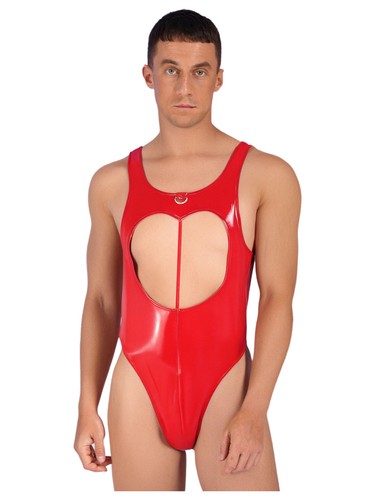 Men's Sleeveless Wet Look Bodysuit Shiny Patent Leather Heart Shaped Cutout club - Picture 5 of 42