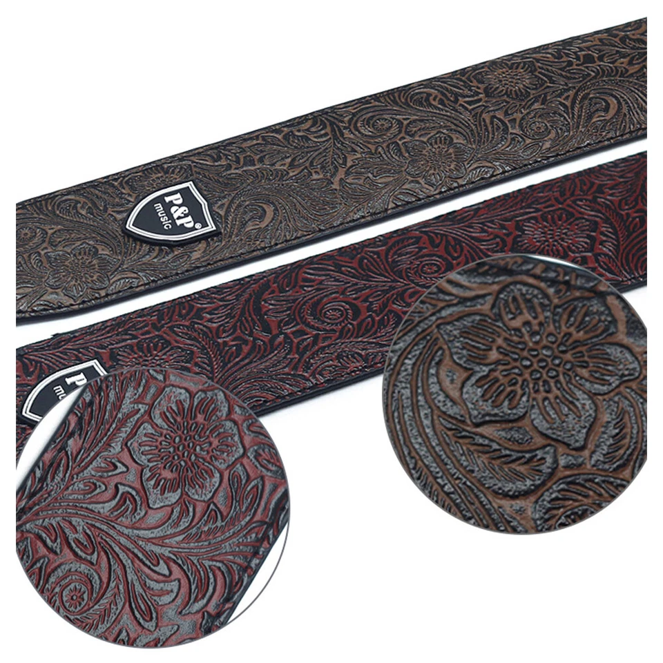 Correa de guitarra ajustable de cuero PU en relieve para bajo eléctrico acústico Foto 2 de 4