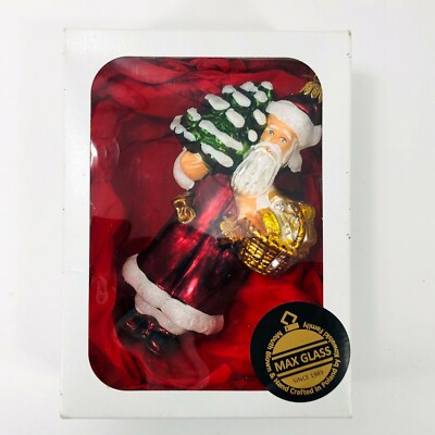 Max Glass Santa Christmas Ornament Holding Tree and Basket Glitter Poland 5.75in