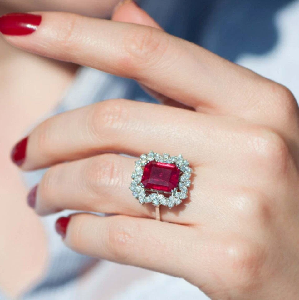 Lab Created Red Ruby 2.20Ct Emerald Cut Halo Wedding Ring 14K White Gold Plated - Image 3 of 4