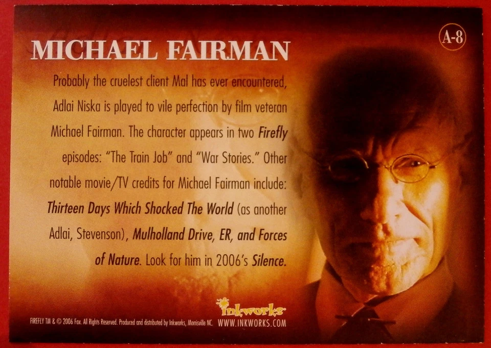 FIREFLY - MICHAEL FAIRMAN as Adlai Niska - Personally Signed Autograph Card 2006 - Image 2 of 2