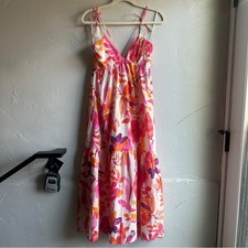 Zara Pink Orange Floral Maxi Dress Cotton Strappy Back Euro Summer M Resortwear