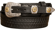 Black Basket Weave Western Ranger Belt With Floral Buckle Quality USA Handcrafte