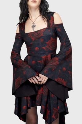 Killstar Blood Rose Mini Dress Womens Square Neck Flared Sleeve Goth Alternative
