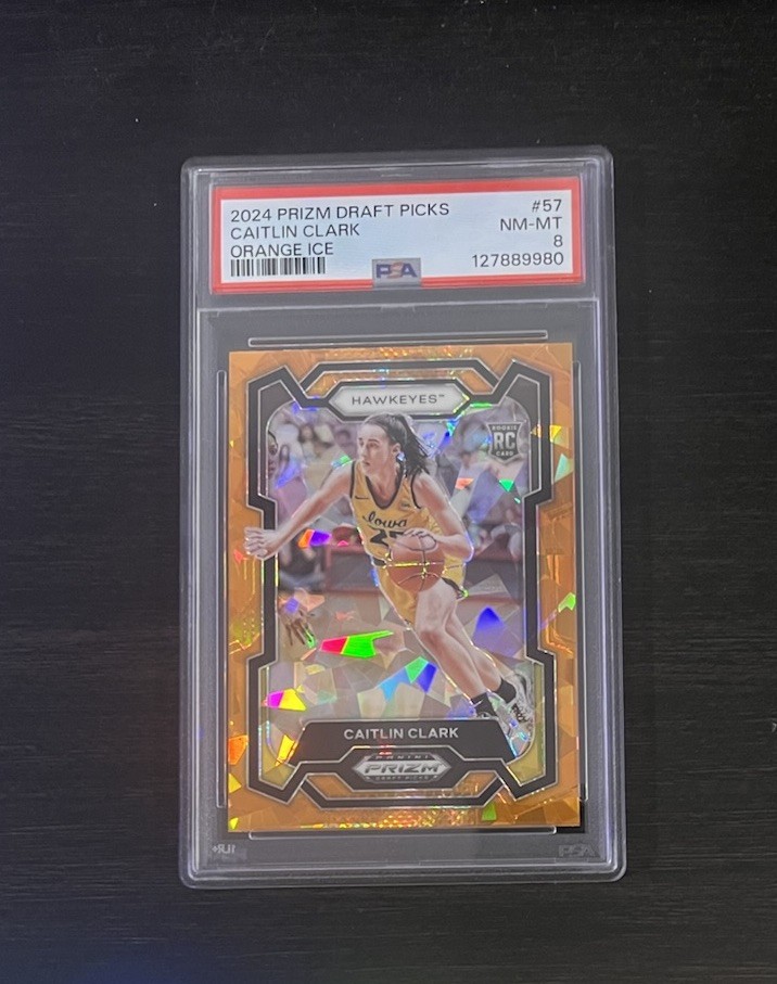 2024-25 Panini Prizm Draft Picks - Caitlin Clark #57 Orange Ice Prizm (RC) PSA 8