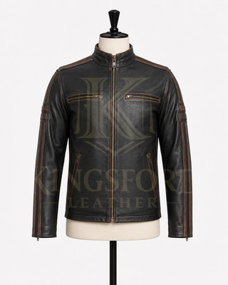 Men's Black Leather Cafe Racer Jacket Motorcycle Biker Slim Fit Custom Made