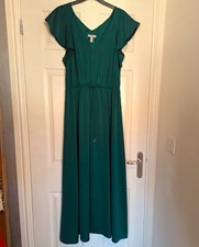 H&M Green Chiffon V-Neck Flutter Sleeve Ruffle Maxi Dress UK 14
