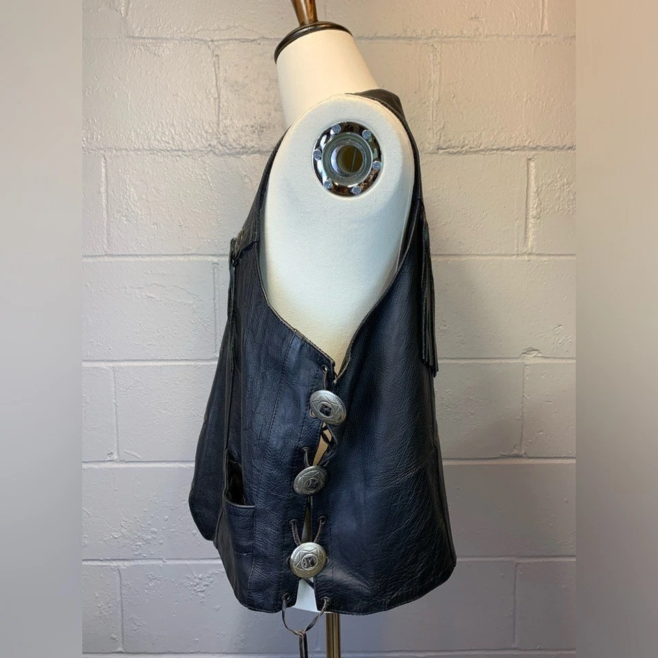 复古 UNIK 男式黑色皮革条纹摩托车骑手背心 XL 码 — 第 3/4 张图片