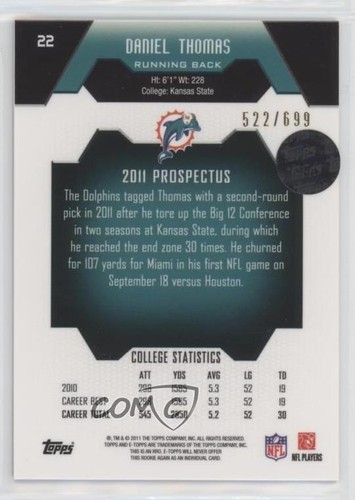 2011 eTopps /699 Daniel Thomas #22 Rookie RC - Picture 2 of 3