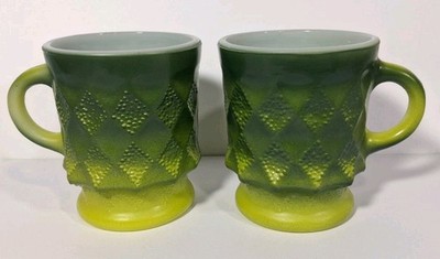 Anchor Hocking fire king kimberly diamond dark green yellow coffee mug set vtg