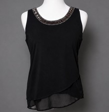 Blusa sin mangas White House Black Market XS negra escote de lentejuelas dobladillo transparente