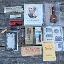 9 Vintage Hook Rug Needles + Booklets ~ Metal Wood ~ Tru-Gyde Bluenose Columbia