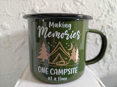 12oz Enamel Camping Coffee Mug ''Making Memories One Campsite At A Time'' Green