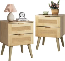 WLIVE Wood Nightstand Set of 2, Night Stand Sets with 2 Rattan Decor Drawers, En