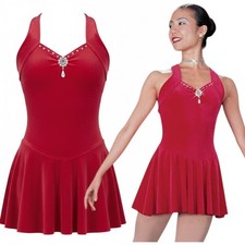 Scarlet Red Velvet Adult Small Dance Costume Crystal Rhinestones  Teardrop Pin