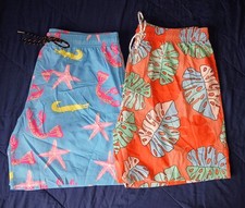 Set of 2 Men's Swim Shorts Tropical Print Blue/ Orange Starfish Leaf Drawstring