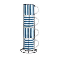 Blue Stripes Small Stacking Mugs Set - Nautical Decor Gift - Set of 4