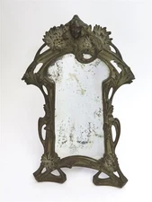 Antique Metal Art Nouveau Standing Mirror with Floral Pattern 16.25" x 10.5"