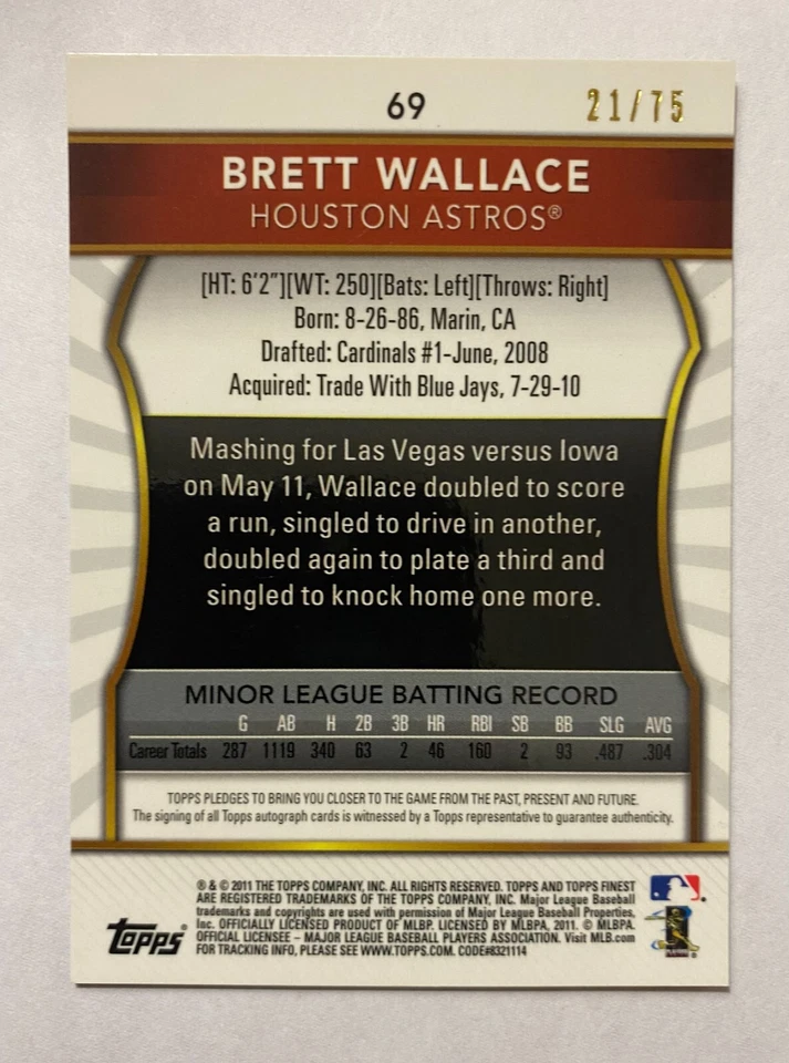 2011 Topps 最佳黄金折射卡 #69 布雷特·华莱士卡亲笔签名 RC #21/75 — 第 2/3 张图片
