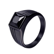 Black Agate Inlaid Black Signet Ring Stainless Steel Men Women Wedding Band Ring