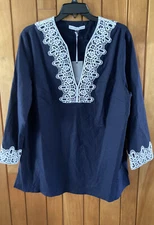 New PRESTON & YORK Stretch Linen Blend Split V-Neck Embroidered Tunic 14 Navy