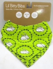 2 Pack New SUGAR BOOGER Lil' Bitty Bibs / Drool Cloth-Green with Bunnies.