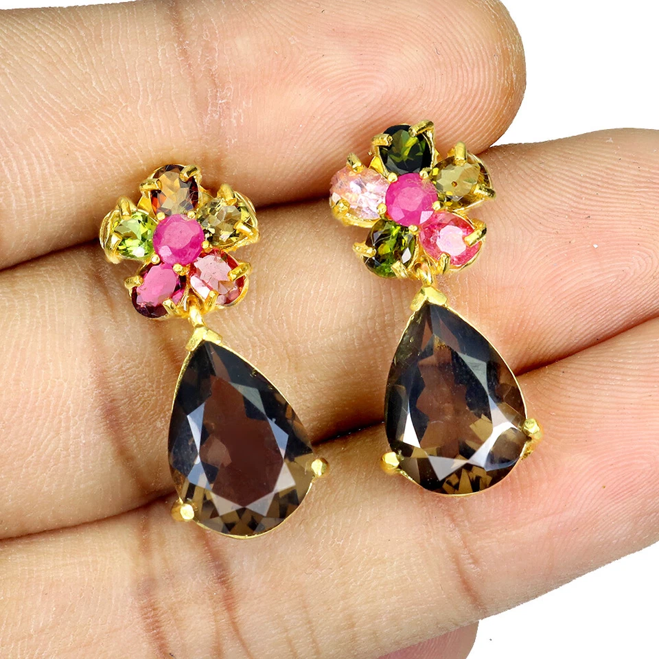 Pendientes de plata de ley 925 pera cuarzo ahumado 14x10 mm rubí turmalina joyería Foto 2 de 4