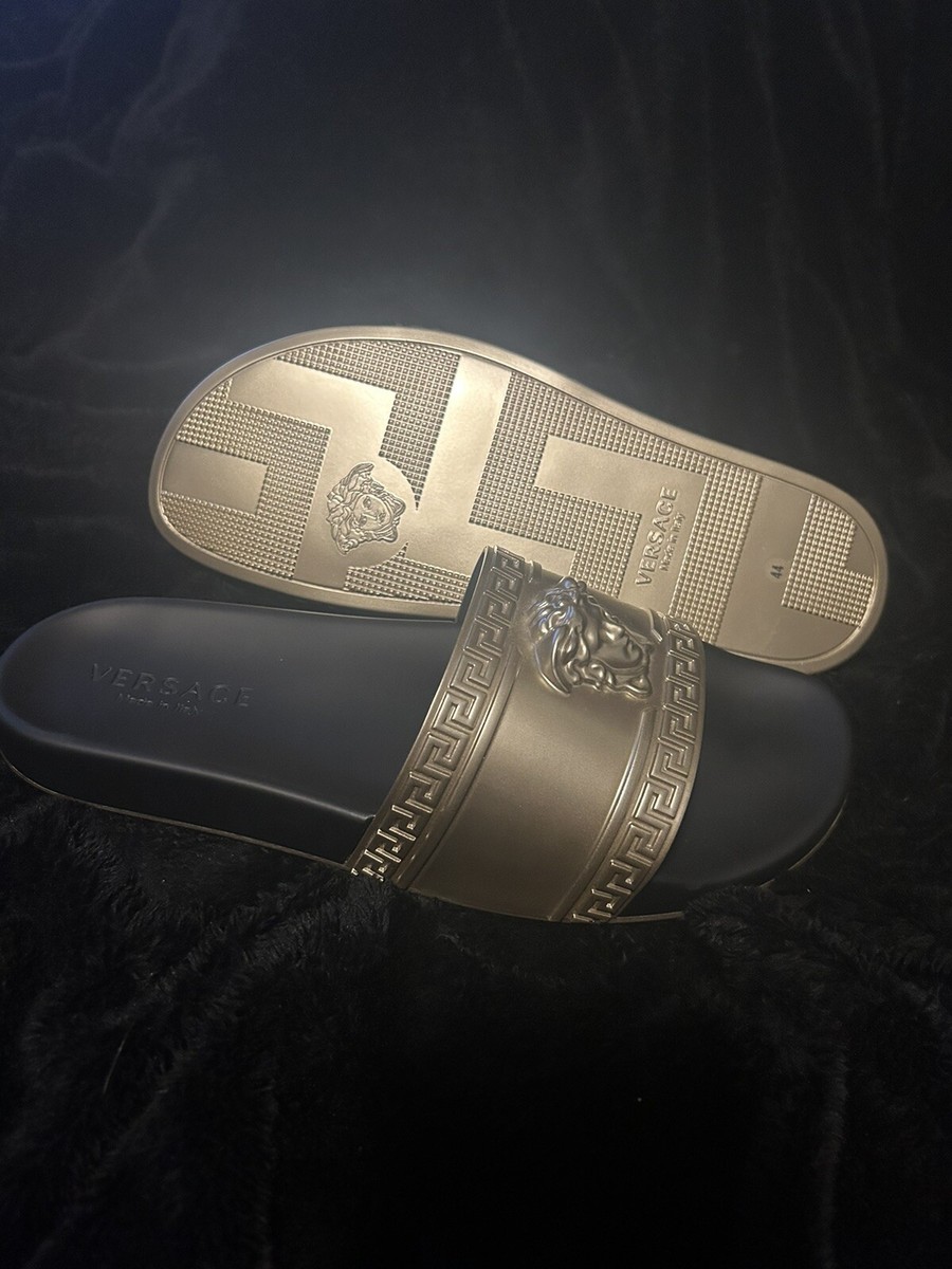 Versace Gold-tone Medusa Embossed Slide Sandals Versace | Shoes | Versace Black And Gold Sandals With  main image 4