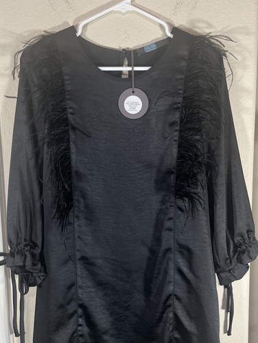 NEW Anthropologie Eva Franco Black Cocktail Dress Sz XS feather fringe Faulkner - Picture 2 of 9