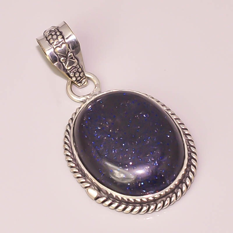 Shiny Blue Sunstone Antique Look 925 Sterling Silver Plated Pendant