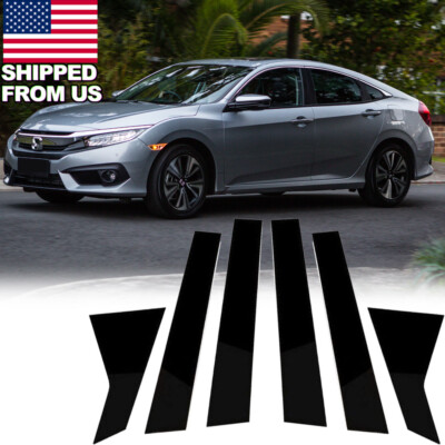 6Pcs Piano Black Door Window B-Pillar Posts Cover Trim For 2016-2020 Honda Civic