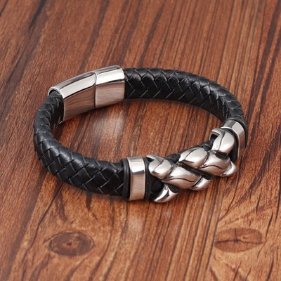 Bracelet Homme En Cuir Noir Avec Fermoir Magnétique - Acier Inoxydable, Longueur 21,5 Cm - Occasion Très Bon état