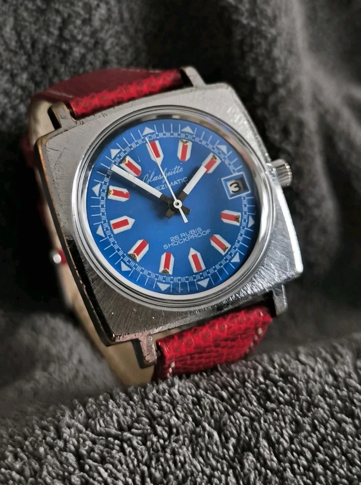 GUB Glashütte Spezimatic Kal.75 Datum  1964-79 , Blau - Rot  - Bild 2 von 4