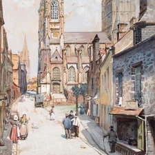 Historical View Street Scene Dutch? unknown signed gouache 1896