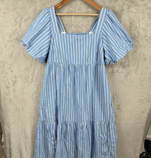 Old Navy Striped Puff Sleeve Cotton Poplin Midi Dress Womens 2X Blue Cottagecore