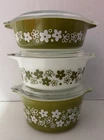 Vintage Pyrex Spring Blossom Green Crazy Daisy Compatibles w/ Lids 3pc Set 470-1
