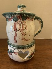 VTG Spongeware Ceramic Christmas, Teapot And Warmer Set, signed Nancy Booser