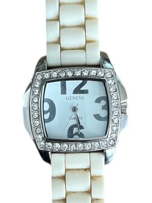 Geneva Square Big Face Watch Rhinestones White Rubber Buckle Band 8'' New Battery