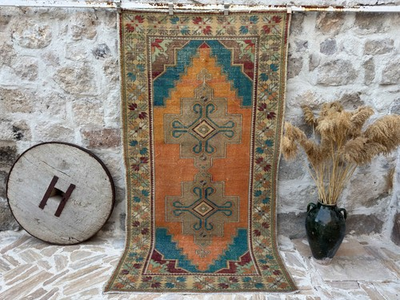 #ad 5x8 Orange Vintage Rug – Handwoven Turkish Carpet – Geometric Wool Area Rug $300.90