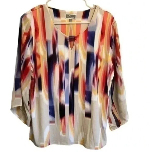JM COLLECTION Chiffon COLORFUL Blouse Top Shirt FLOWY 3/4 Sleeve PETITE L Women - Picture 1 of 6