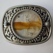 Vintage Western Banded Agate Stone Belt Buckle Silver Tone Cowboy 3x2