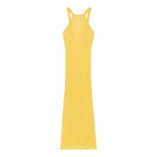 Doen Lyrianna Pointelle Halter Sweater Knit Midi Maxi Dress Citrus Yellow Gold