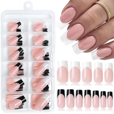 120pc French Tips Press on Nails - Medium Square, Black & White Tips, Full Cover
