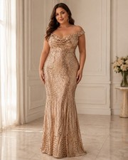 Gold Sequin Off Shoulder Mermaid Formal Gown XL