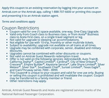 Amtrak One-Class Upgrade Coupon - 48 Hour - Digital Delivery